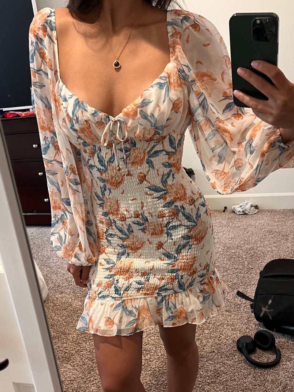 Floral Smocked Mini Dress with Puff Sleeves - Cream Peach Floral